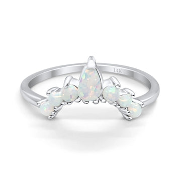 14K White Gold Pear Curved Band Thumb Ring Half Eternity Simulated CZ Lab Created White Opal Wedding Engagement Size-7